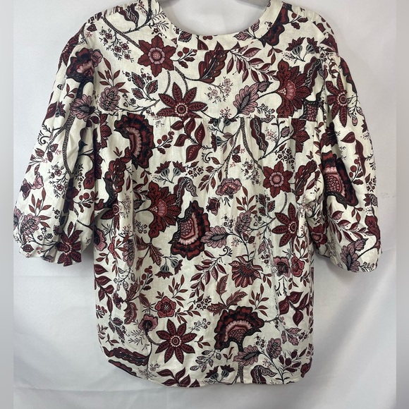 Joie linen blend blouse in beautiful reds and cream! This has puff sleeves! - Picture 1 of 7
